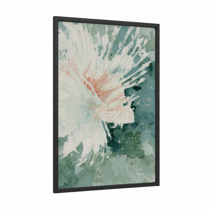 Ethereal Lionfish framed art print — black wood frame — sage green and cream palette