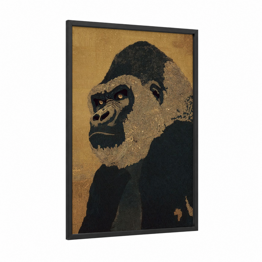 Golden Gorilla framed art print — black wood frame — gold and black palette