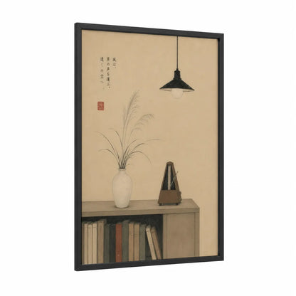 Japanese Minimalist Zen Still Life Wall Art framed grass print — black wood frame — beige and cream palette