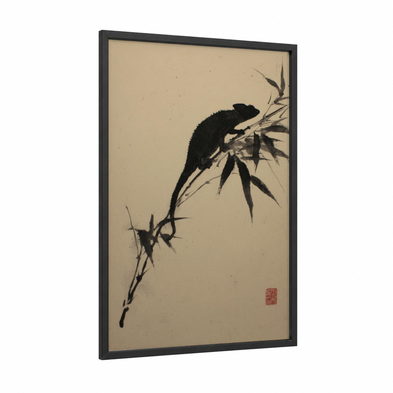 Bamboo Chameleon framed art print — black wood frame — black and cream palette