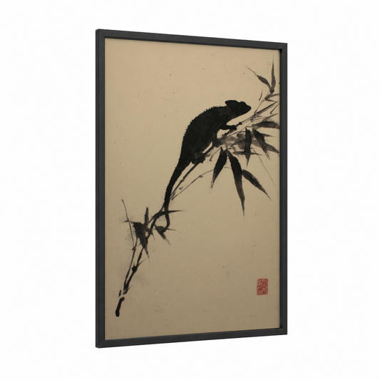 Bamboo Chameleon framed art print — black wood frame — black and cream palette