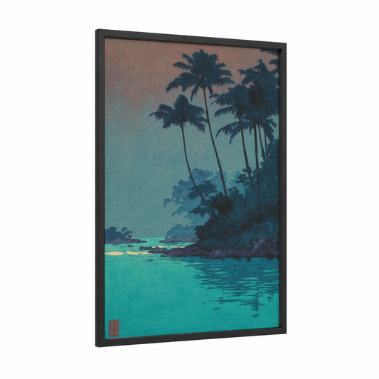 Tropical Island Dusk framed art print — black wood frame — teal and peach palette