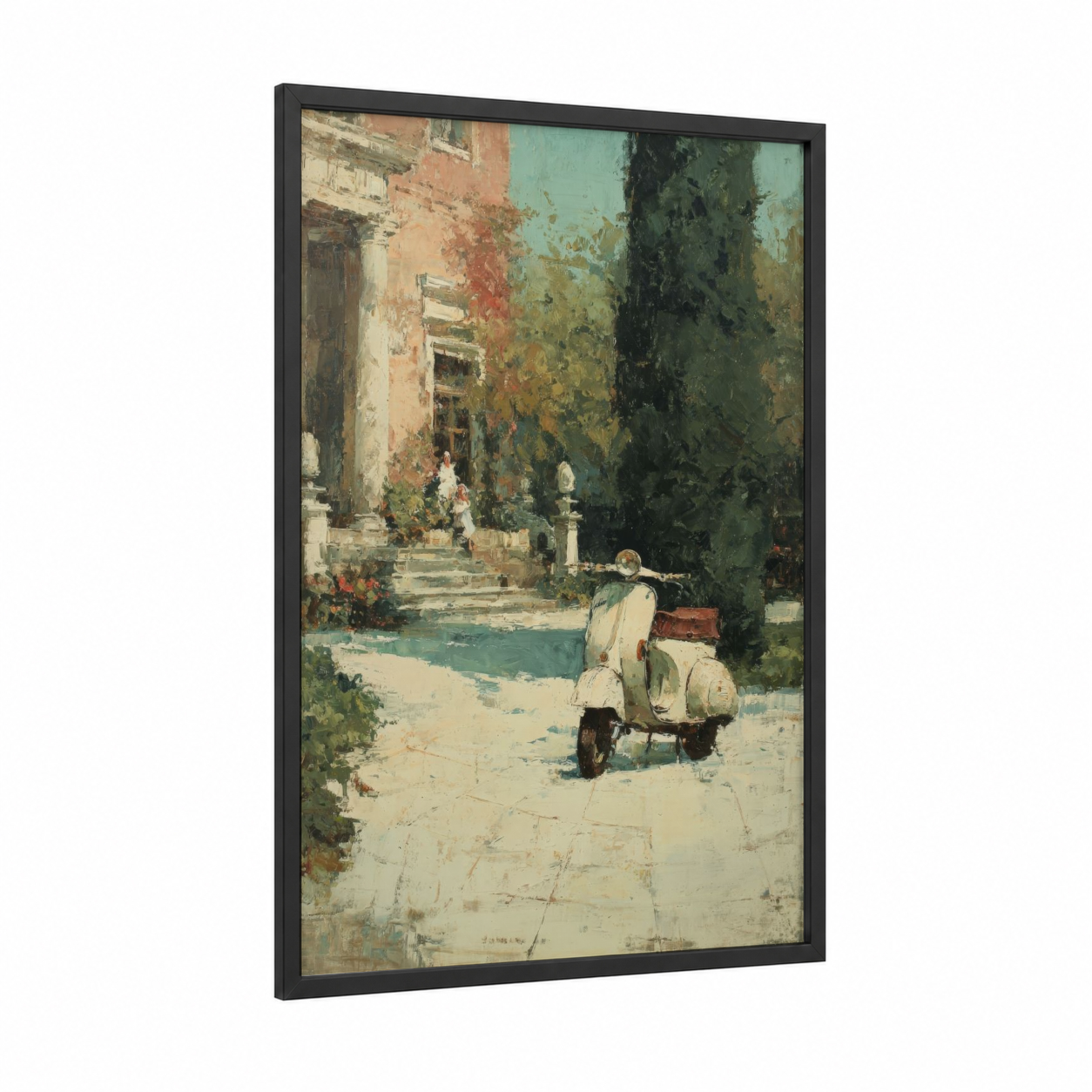 Italian Scooter framed art print — black wood frame — cream and russet palette