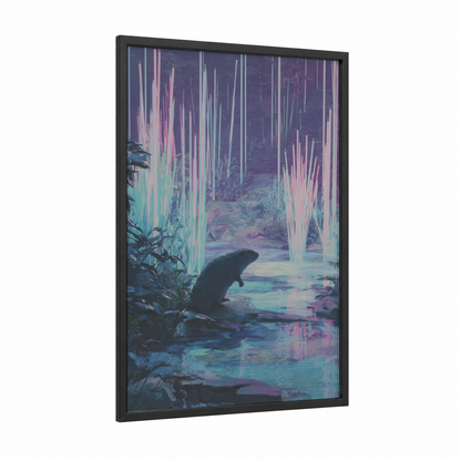 Neon Forest Beaver framed art print — black wood frame — blue and magenta palette