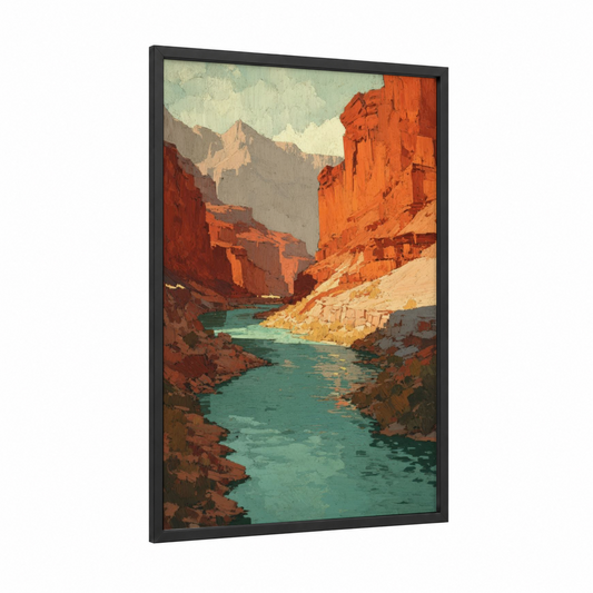 Turquoise Canyon River framed rivers print — black wood frame — teal and russet palette