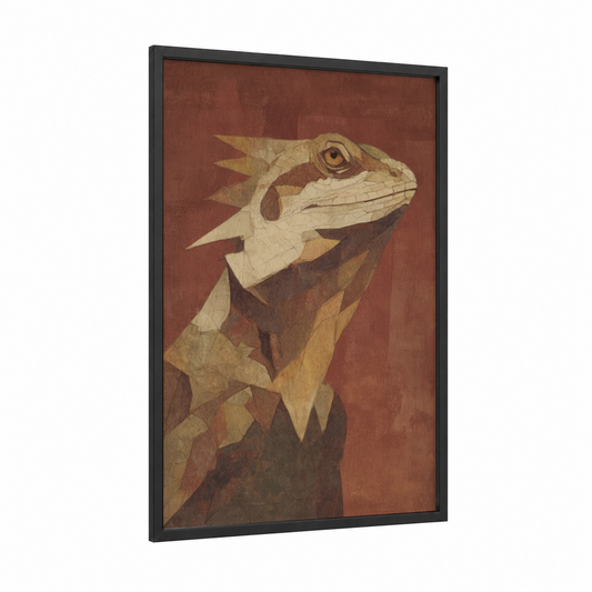 Geometric Lizard framed art print — black wood frame — russet and gold palette