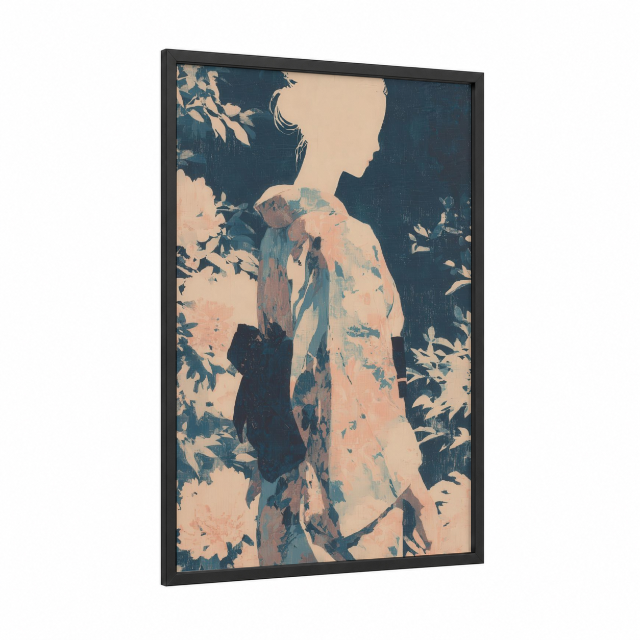 Garden Profile Woman framed fashion illustration print — black wood frame — peach and dark blue palette