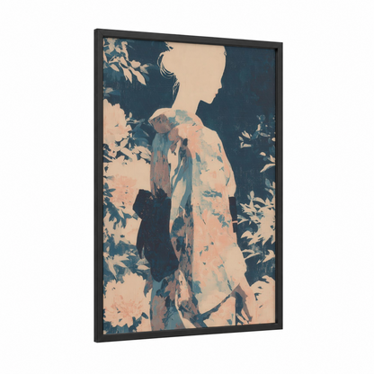 Garden Profile Woman framed fashion illustration print — black wood frame — peach and dark blue palette