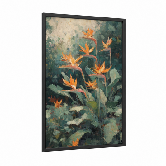 Golden Paradise Blooms framed birds of paradise print — black wood frame — green and gold palette