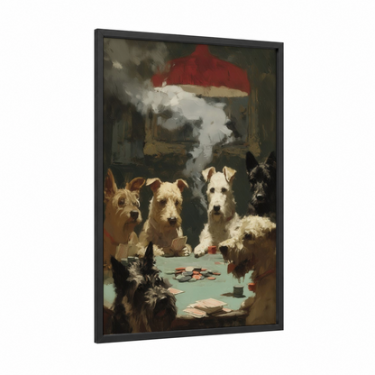 Poker Terriers framed art print — black wood frame — brown and red palette