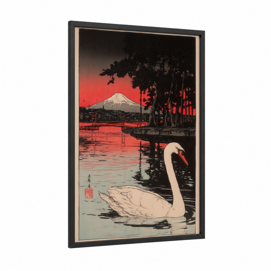 Crimson Mount Swan framed art print — black wood frame — red and black and white palette