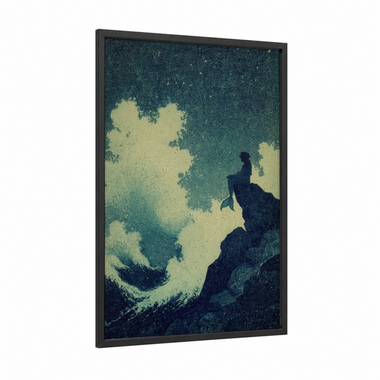 Mermaid's Perch framed fairytale print — black wood frame — dark blue and gold palette