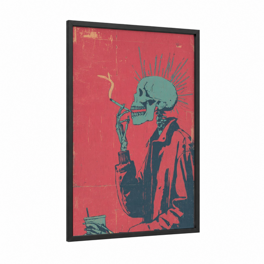 Skeleton Smoker framed art print — black wood frame — red and teal palette
