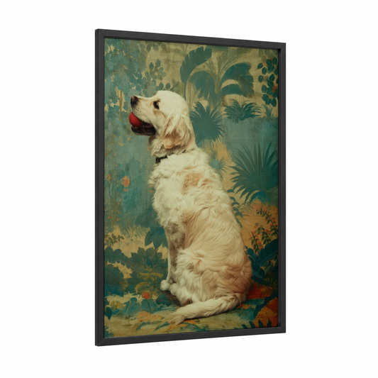 Cream Retriever Portrait framed art print — black wood frame — sage green and cream palette