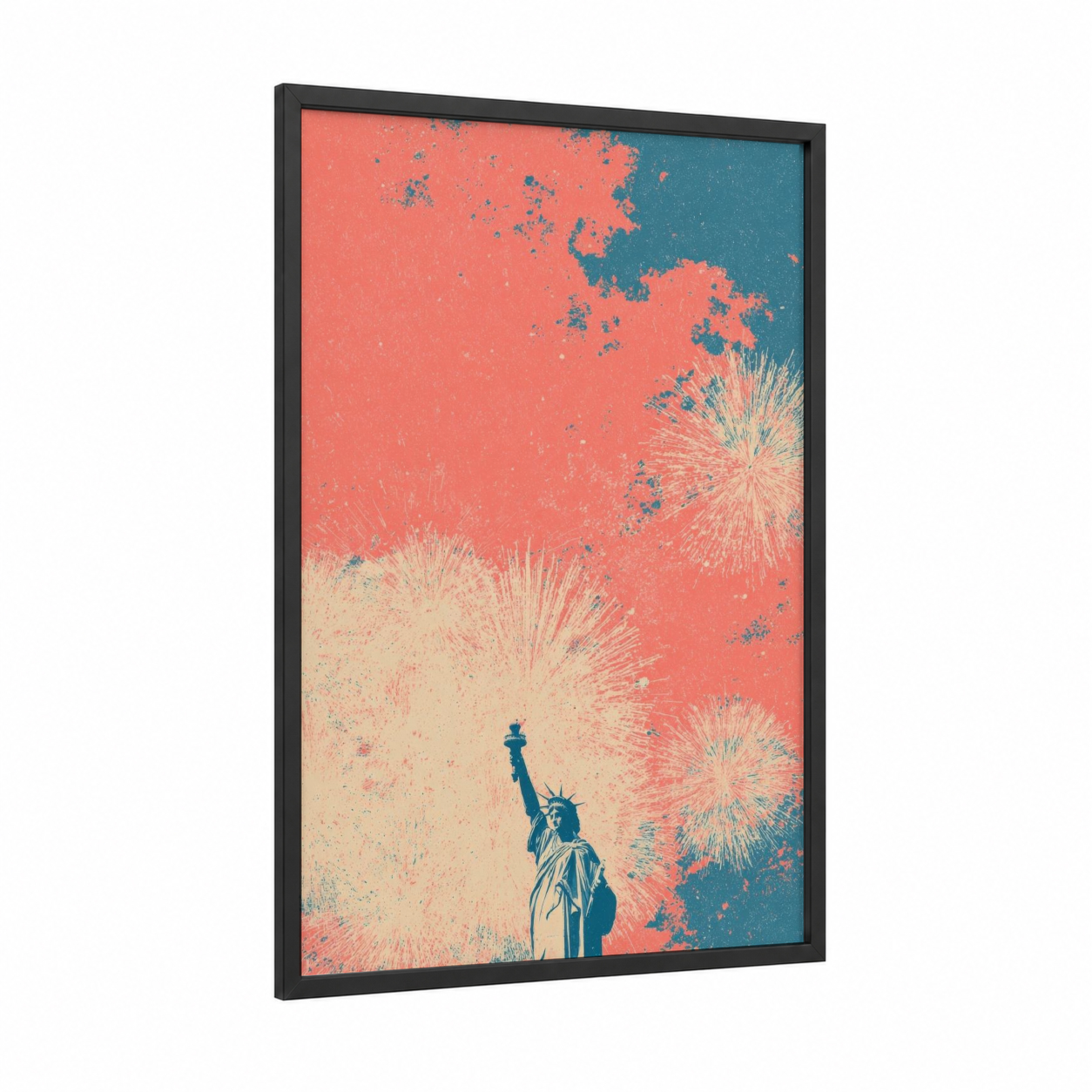 Liberty Fireworks framed 4th of july print — black wood frame — salmon pink and teal palette