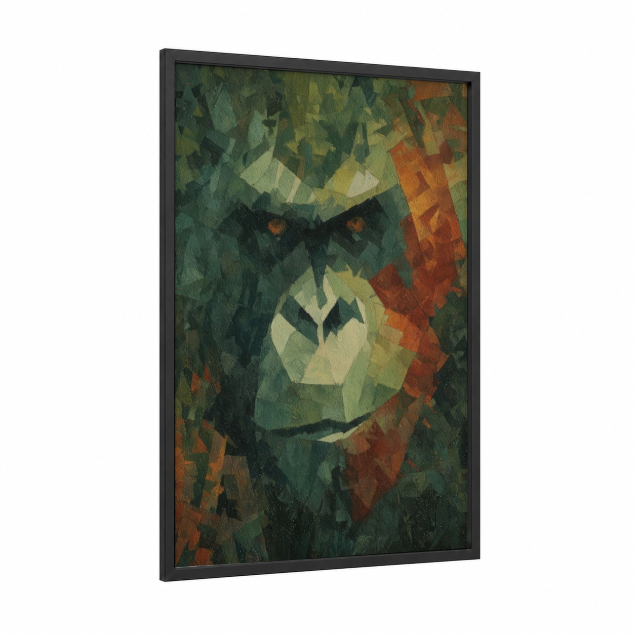 Geometric Orangutan framed art print — black wood frame — olive and russet palette