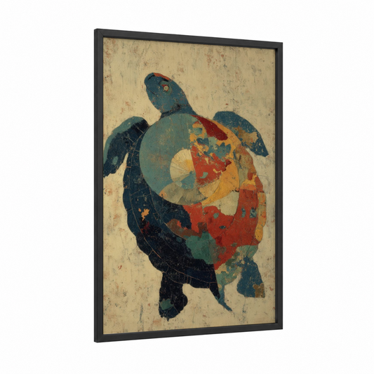 Vintage Turtle framed art print — black wood frame — russet and beige palette