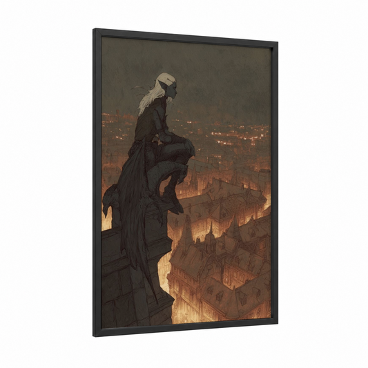 Vigilant Elf framed art print — black wood frame — gray and gold palette