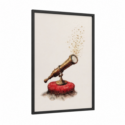 Magical Spyglass framed art print — black wood frame — gold and red palette