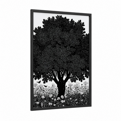 Ancient Orchard Tree framed fruit trees print — black wood frame — black and white palette