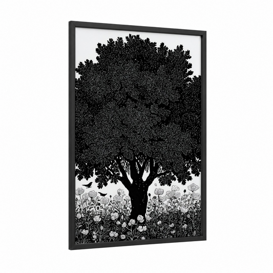 Ancient Orchard Tree framed fruit trees print — black wood frame — black and white palette