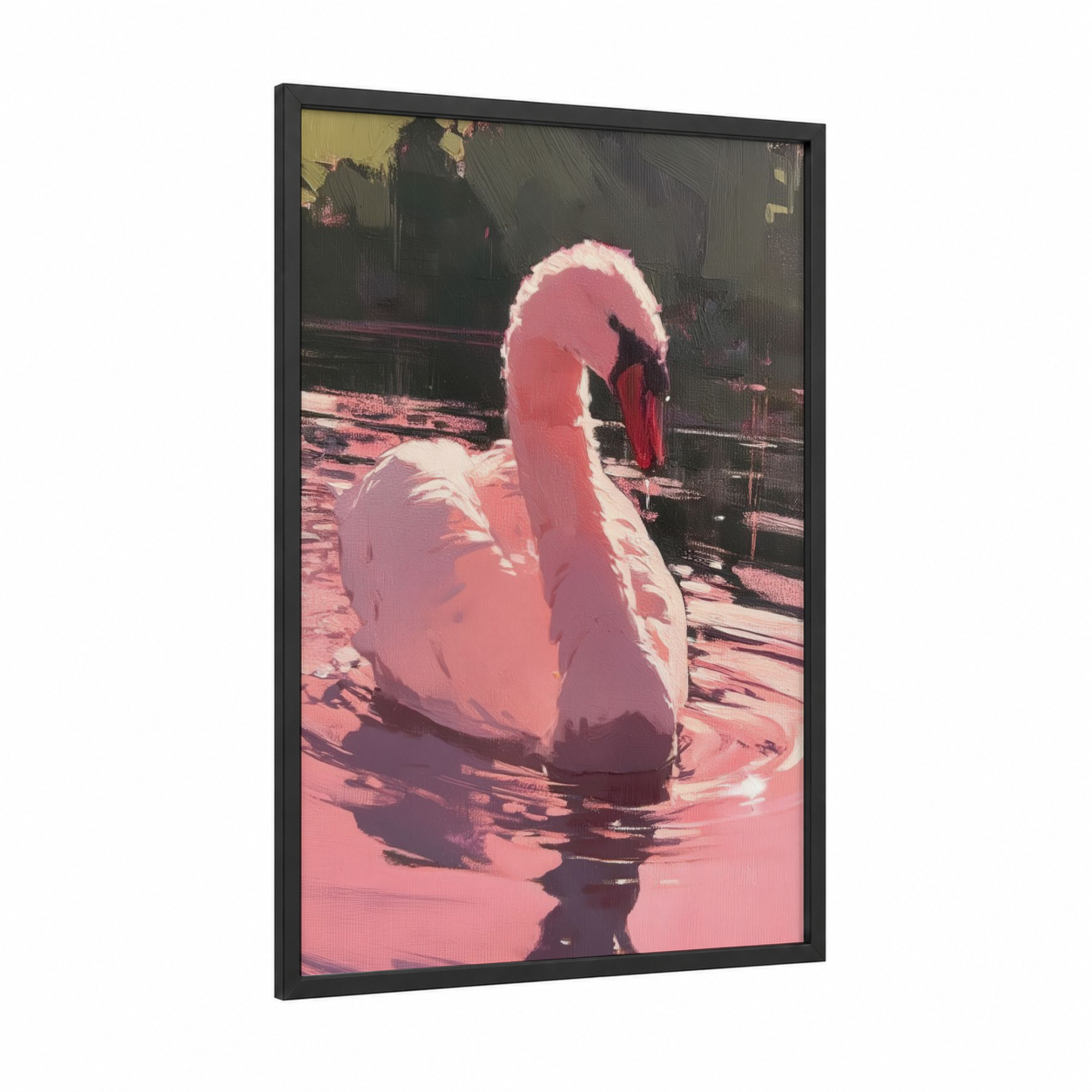 Pink Swan framed art print — black wood frame — pink and white palette