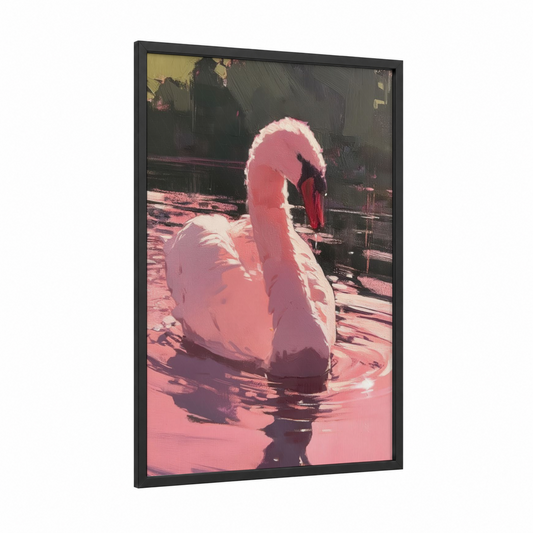 Pink Swan framed art print — black wood frame — pink and white palette