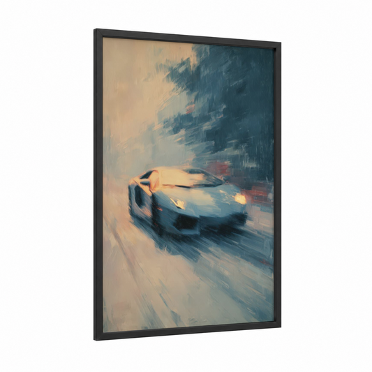 Urban Speedster framed sports car print — black wood frame — gold and blue and gray palette