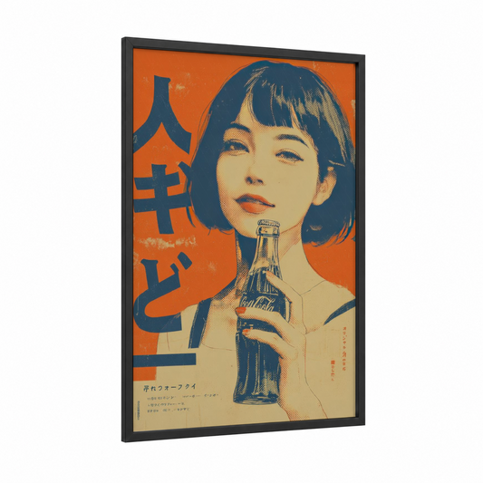 Retro Cola Girl framed vintage japanese ads print — black wood frame — orange and dark blue palette