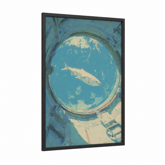Porthole Snook framed art print — black wood frame — blue and cream palette