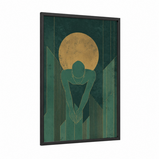 Golden Swimmer framed swimming print — black wood frame — sage green and gold palette