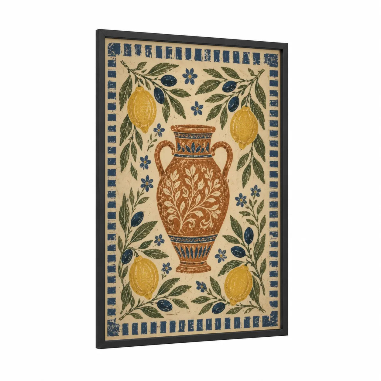 Mediterranean Olive And Lemon Wall Art framed olive tree print — black wood frame — beige and olive palette