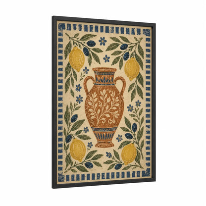 Mediterranean Olive And Lemon Wall Art framed olive tree print — black wood frame — beige and olive palette