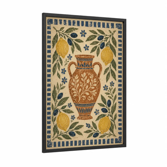Mediterranean Olive And Lemon Wall Art framed olive tree print — black wood frame — beige and olive palette