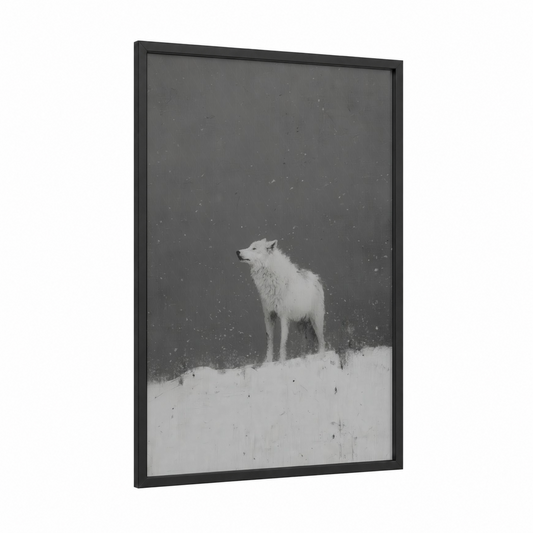 Snowy Wolf framed art print — black wood frame — black and white and gray palette