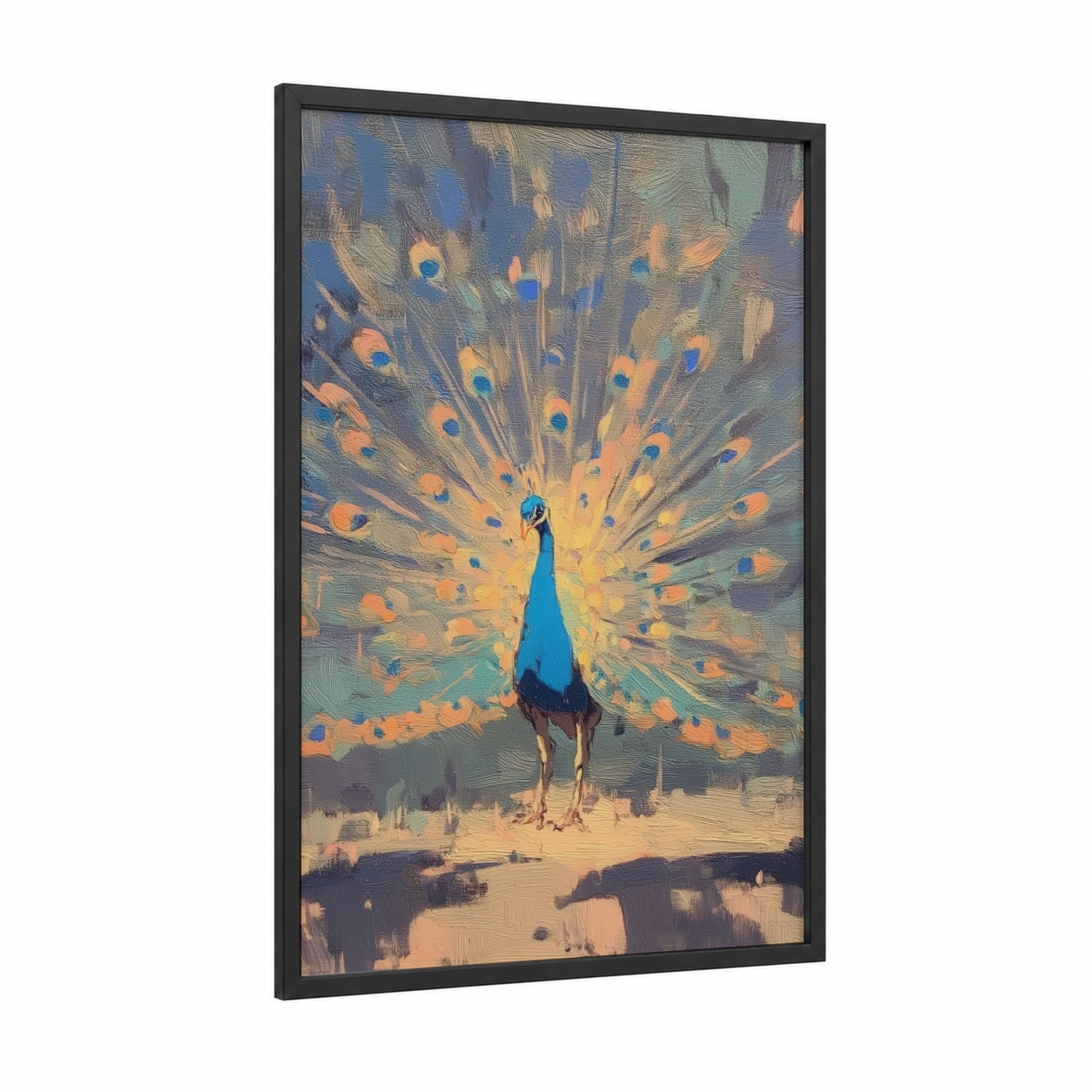 Golden Peacock framed art print — black wood frame — gold and blue palette