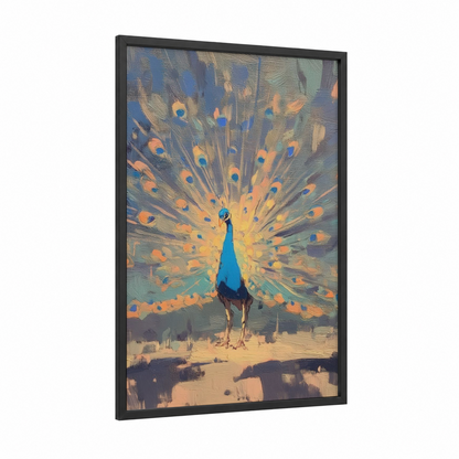 Golden Peacock framed art print — black wood frame — gold and blue palette