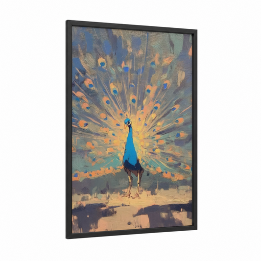 Golden Peacock framed art print — black wood frame — gold and blue palette