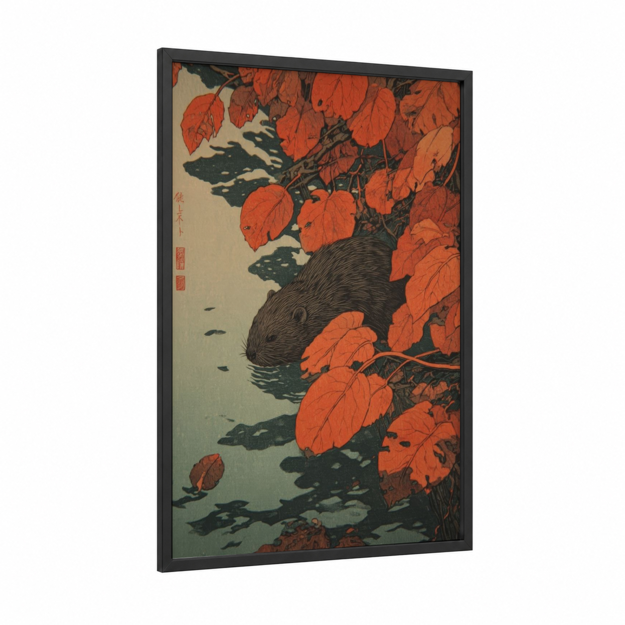 Autumn Beaver framed art print — black wood frame — red and black and white palette