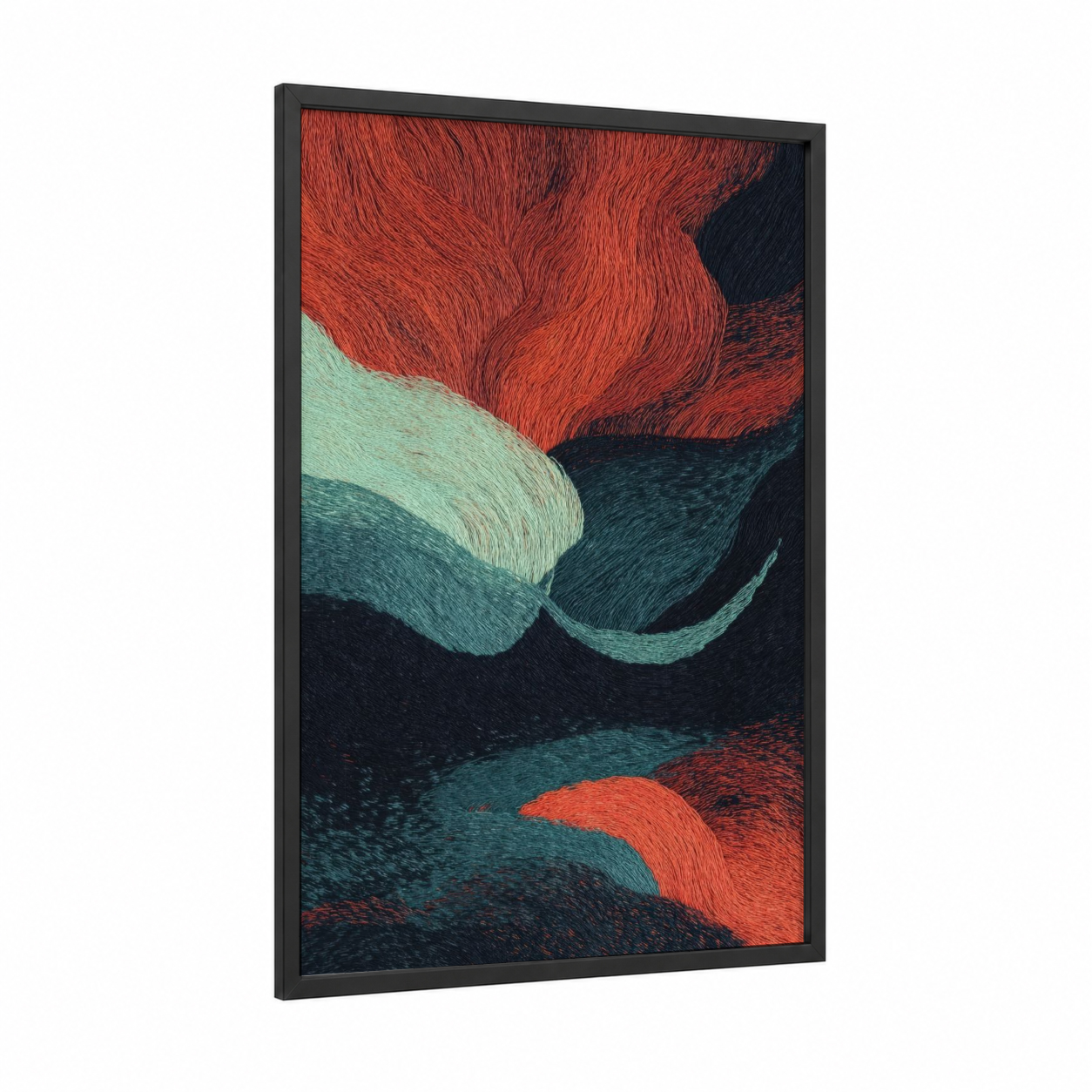 Textile Wave framed knitting and sewing print — black wood frame — red and teal palette
