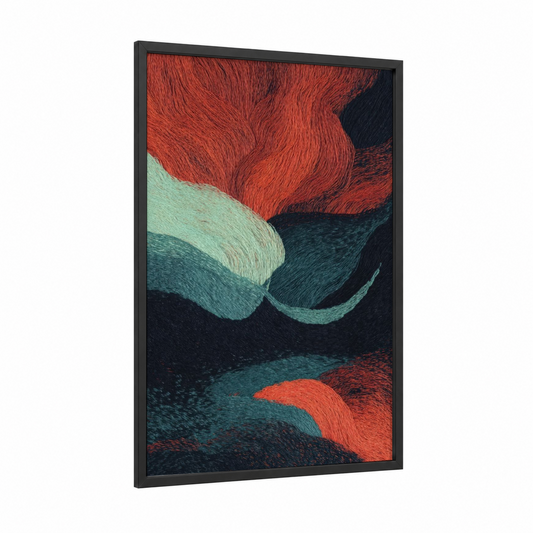 Textile Wave framed knitting and sewing print — black wood frame — red and teal palette