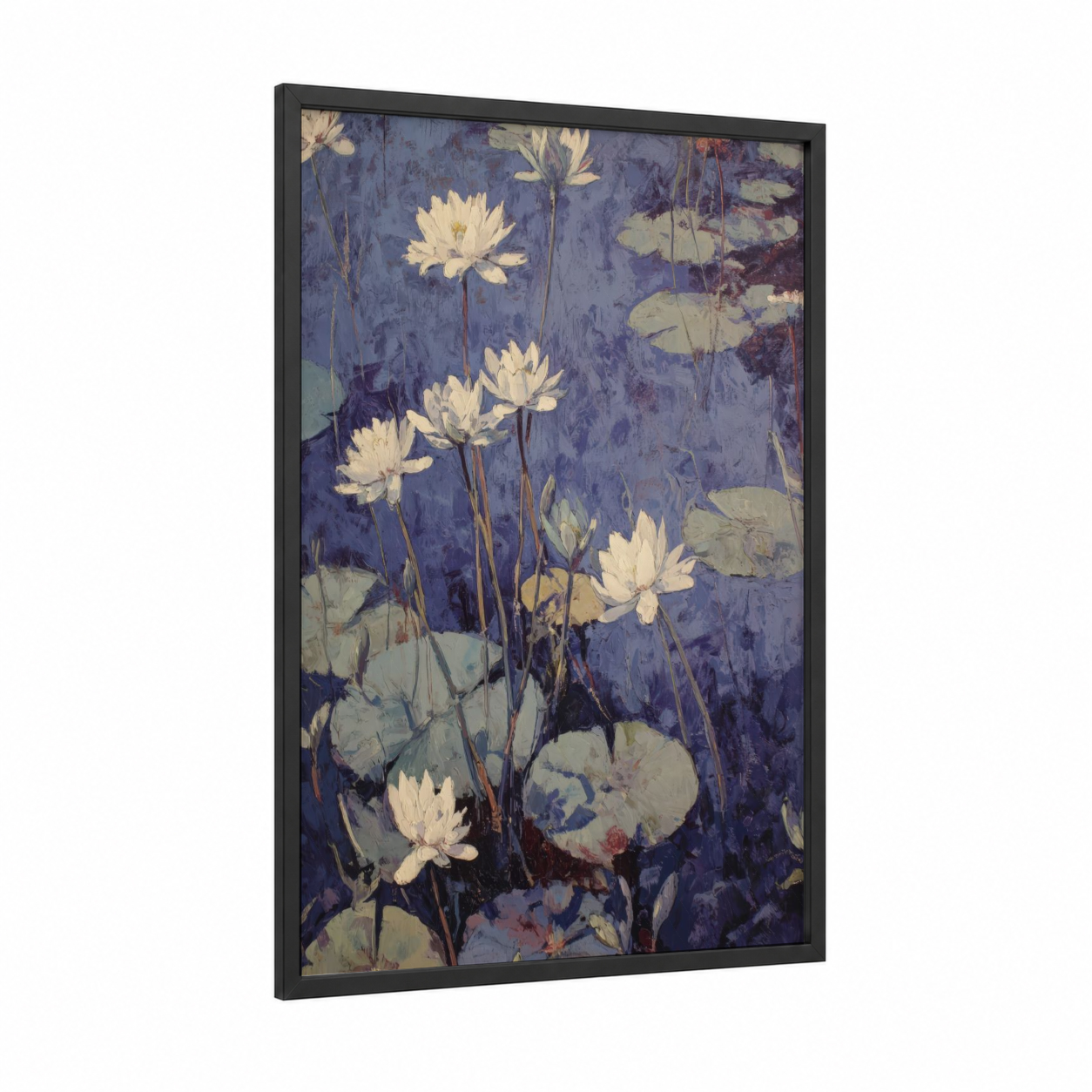 Serene Lilies framed lily print — black wood frame — blue and white palette