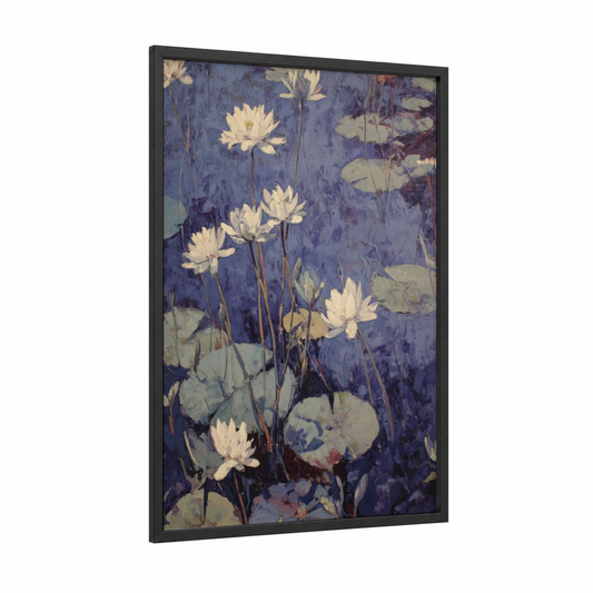 Serene Lilies framed lily print — black wood frame — blue and white palette