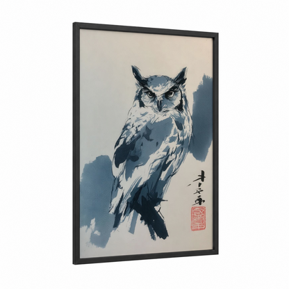 Watchful Owl framed art print — black wood frame — blue and white and dove gray palette
