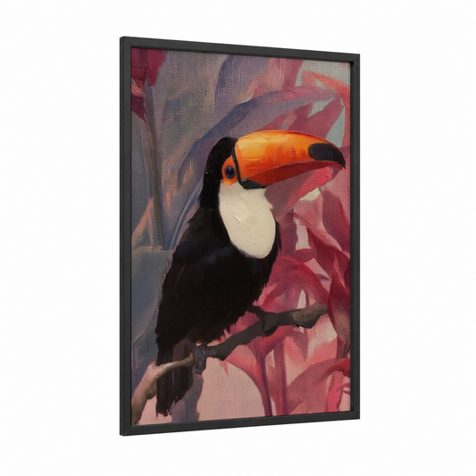 Tropical Toucan framed art print — black wood frame — orange and rose gold palette