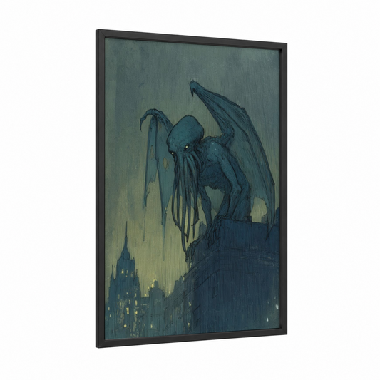 Stormy Cthulhu framed art print — black wood frame — dark blue and gray and yellow palette