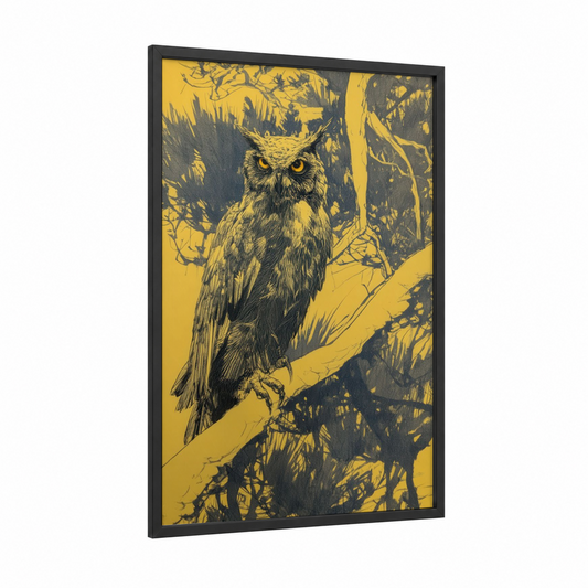 Golden Owl framed art print — black wood frame — yellow gold and black and white palette