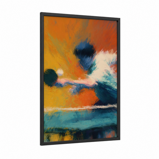 Dynamic Rally framed table tennis print — black wood frame — orange and teal palette