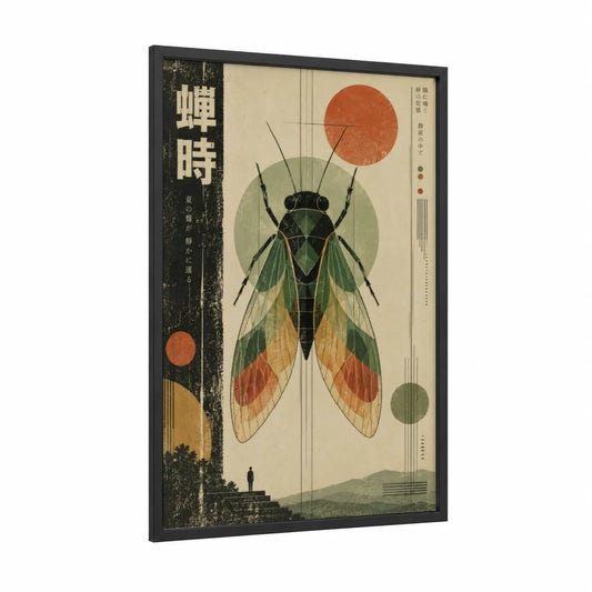 Vintage Japanese Cicada Illustration Wall Art framed beetle print — black wood frame — green and beige palette