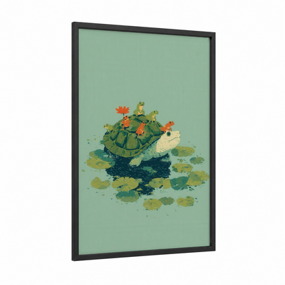 Lily Pad Turtle framed art print — black wood frame — light green and sage green palette
